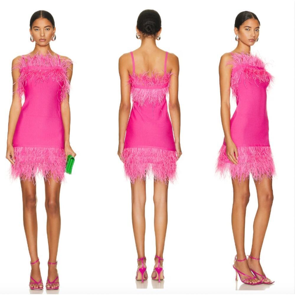STAUD Pink Feathered Mini Dress